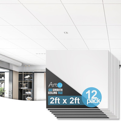 12-Pack Smooth Drop Ceiling Tile 2Ft X 2Ft - Fire-Rated, Waterproof, Reusable - 