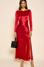 NWT Rixo Devina Satin Bias Cut Boat Neck Crimson Red Gown Dress XXS UK 6 RRP£385