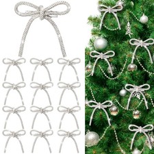 12 Pcs 3.2''x2.8'' Silver Glitter Christmas Bows Ornaments with Clip Metal Sh...