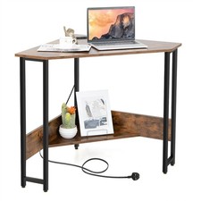 GYMAX 72x72cm Triangle Corner Desk with USB Type C Power Station Brown