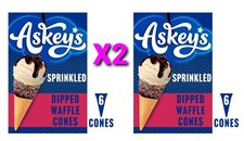 ASKEYS 6 Sprinkled Chocolate Dipped ICE Cream WAFFLE CONES ** 2 PACKS ** NEW