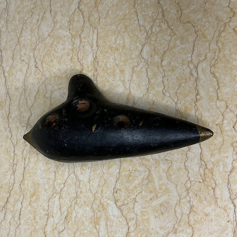 Antique H. Fiehn Austria Clay Ocarina Flute Black & Gold Pottery.