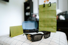 Gucci Rectangle Sunglasses Black Frame Gray Tinted Lens Gold Logo