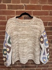 POL Sweater Cream Crochet Granny Square Sleeve Boho Knit Pullover Medium