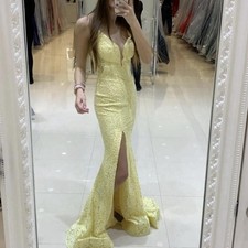 Yellow Lace Maxi Dress Formal Sleeveless Deep V-Neck Side Slit Strappy Back