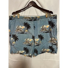 Roundtree Yorke Mens Y2K Blue Tropical Island Palm Tree Swim Trunks Size M