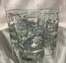 Pfaltzgraff April Double Old Fashion Rocks Glass Purple Flowers - Set of 3