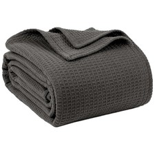 100 Cotton Blankets Queen Size for Bed - Waffle 90 x 90 , Dark Grey