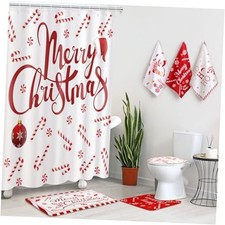 7 Pcs Christmas Bathroom Set Xmas Shower Curtain Decor Shower Curtain Candy
