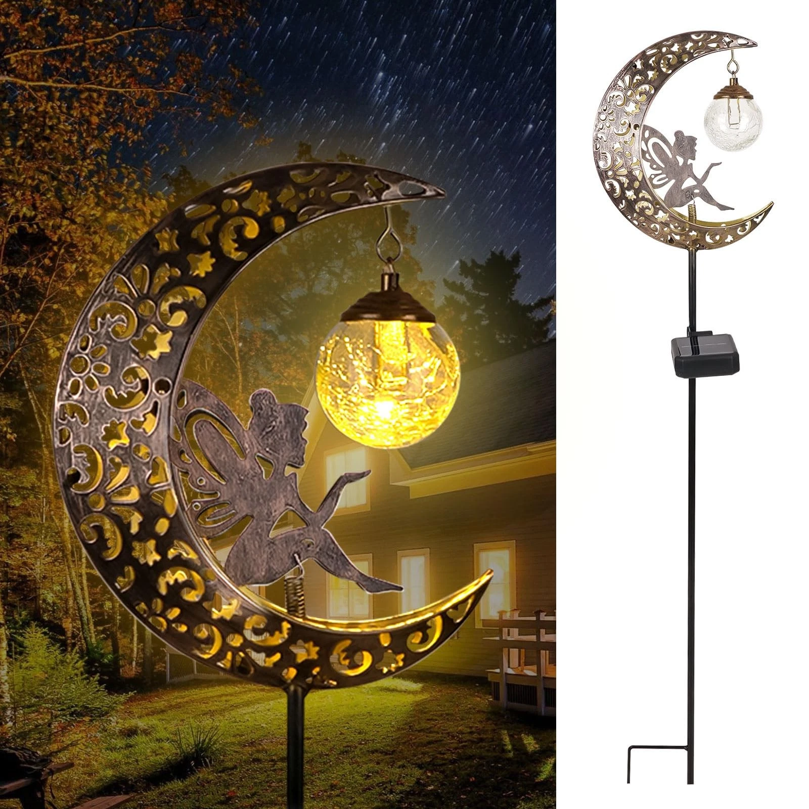 Solar Garden Lights Outdoor Decor Moon Fairy Crackle Glass Lights Waterproof
