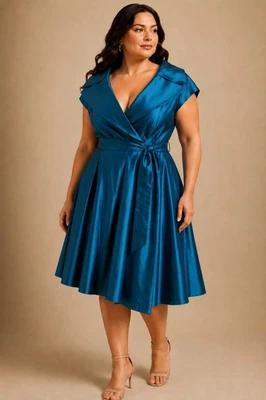Jessica Howard Teal Taffeta Wrap Midi Dress Tie Waist Formal Evening Cocktail - Image 1 of 4