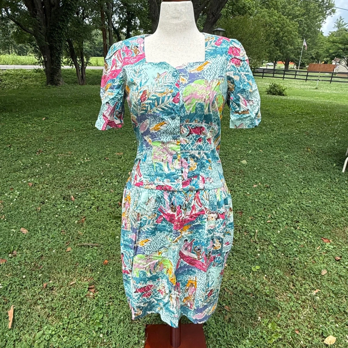 retro 1980 dress Vintage 1980s Floral Puff Sleeve Cape Neck Party Dress