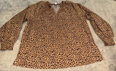Maurices Womens V-Neck Plus 0X Animal Print Poplin Blouse Shirt Long Sleeve New