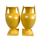 (2) Vintage Haeger Yellow Square Pedestal Vases Double Handle Set 9.5"