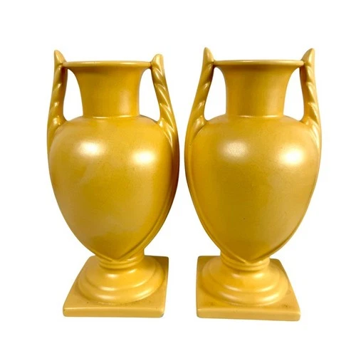 (2) Vintage Haeger Yellow Square Pedestal Vases Double Handle Set 9.5"