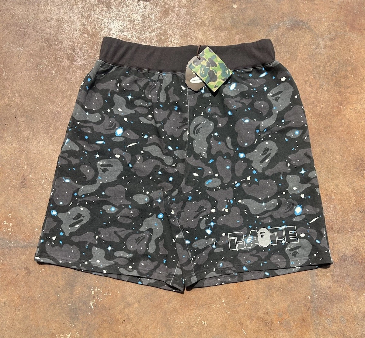 NWT BAPE black & gray Galaxy Space camouflage shorts with blue speckles Size 34