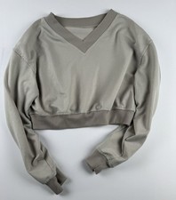 Womens Beige Cropped Sweatshirt Small V Neck Long Sleeve Athleisure Pullover