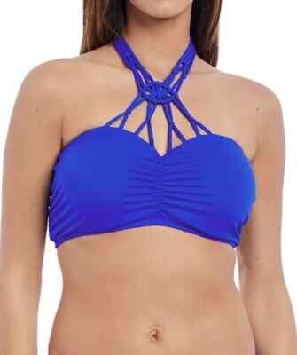 Freya Makramee Bikini Oberteil Blau Gr. 30E Bügel Gepolstert Bandeau Neckholder BH 4053
