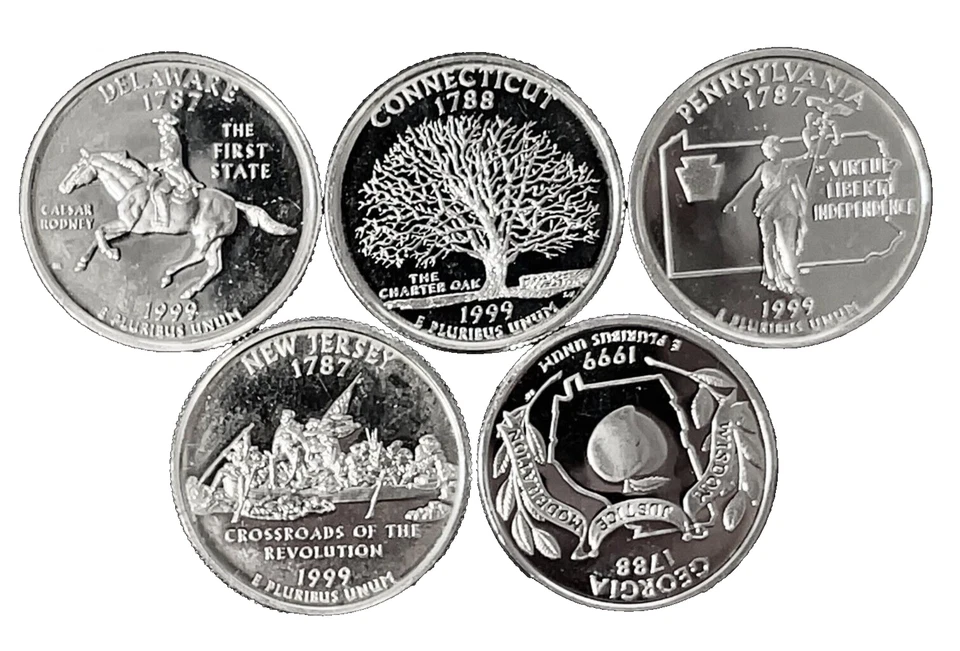 1999 S 5 Coin Year Set 50 States US Quarter 25c Gem Deep Cameo Proof 90% Silver - Image 4 of 4