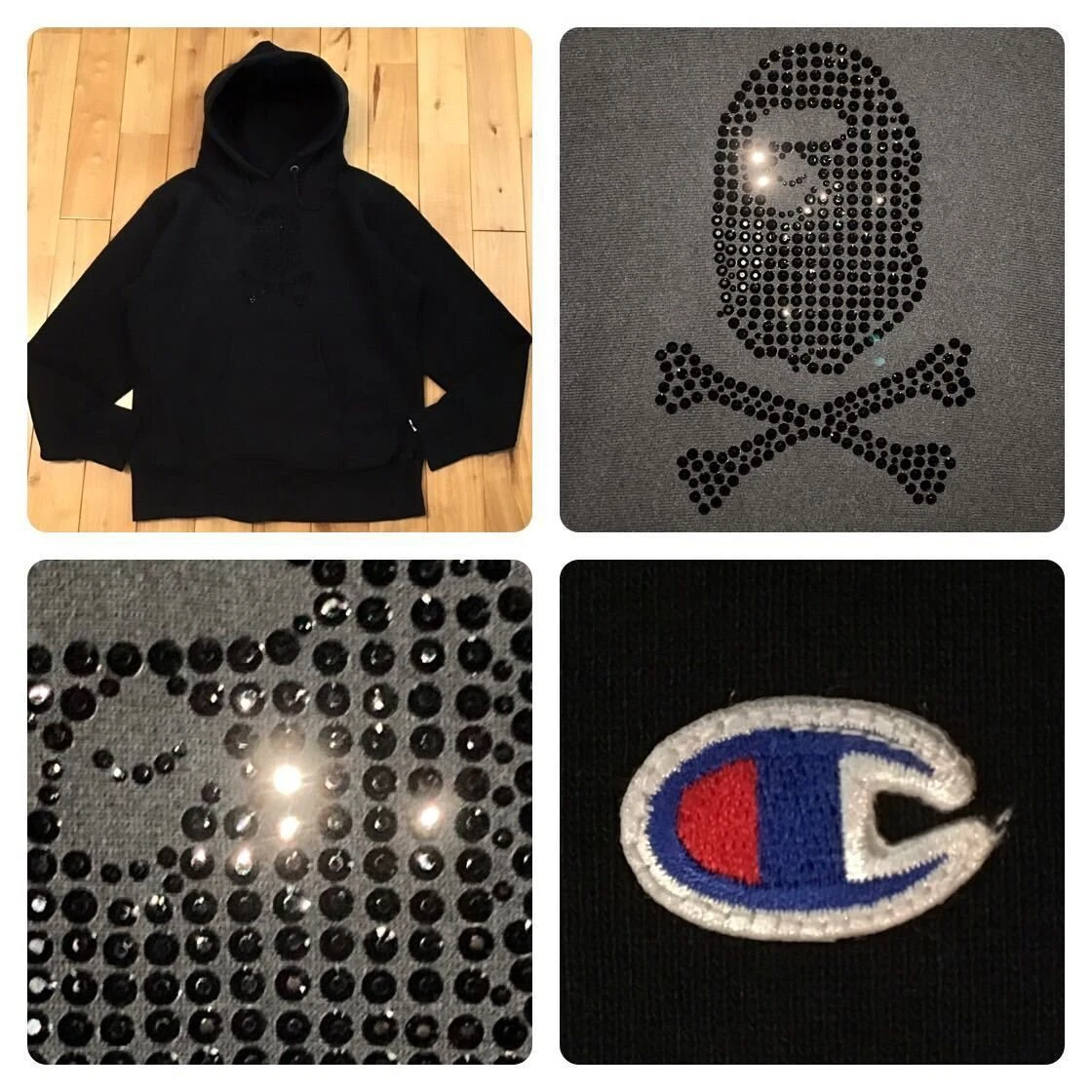 A BATHING APE (BAPE) Felpa con cappuccio pullover Swarovski nero BAPE × CHAMPION teschio una scimmia da bagno taglia M