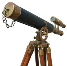 Marine Brass Double Barrel 14" Telescope with Wooden Stand Tripod Vintage Scope
