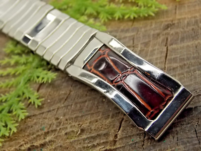Vintage Globe Watch Band Stainless Steel & Faux Crocodile Expansion 16mm 5/8''