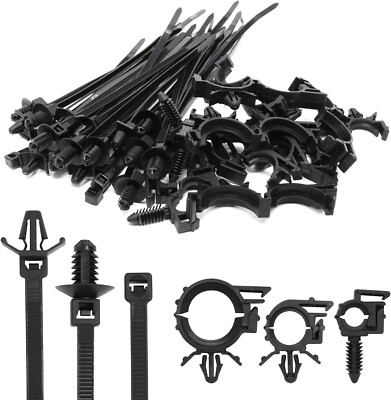 45Pcs Push Mount Cable Zip Tie with Car Wire Loom Routing Clips Assortment New