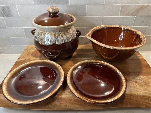 Vintage Hull Brown Drip Glaze Oven Proof Bowl, KettlePot, and Plates