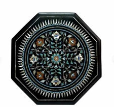 15"Octagon Black Marble Table Mosaic Inlay Art Marquetry Handmade Work Furniture