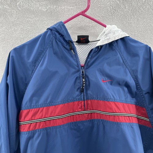 VTG Nike Jacket Boys Size L Windbreaker Pullover Hoodie Blue Red Stripe 90s Y2K - Picture 2 of 11