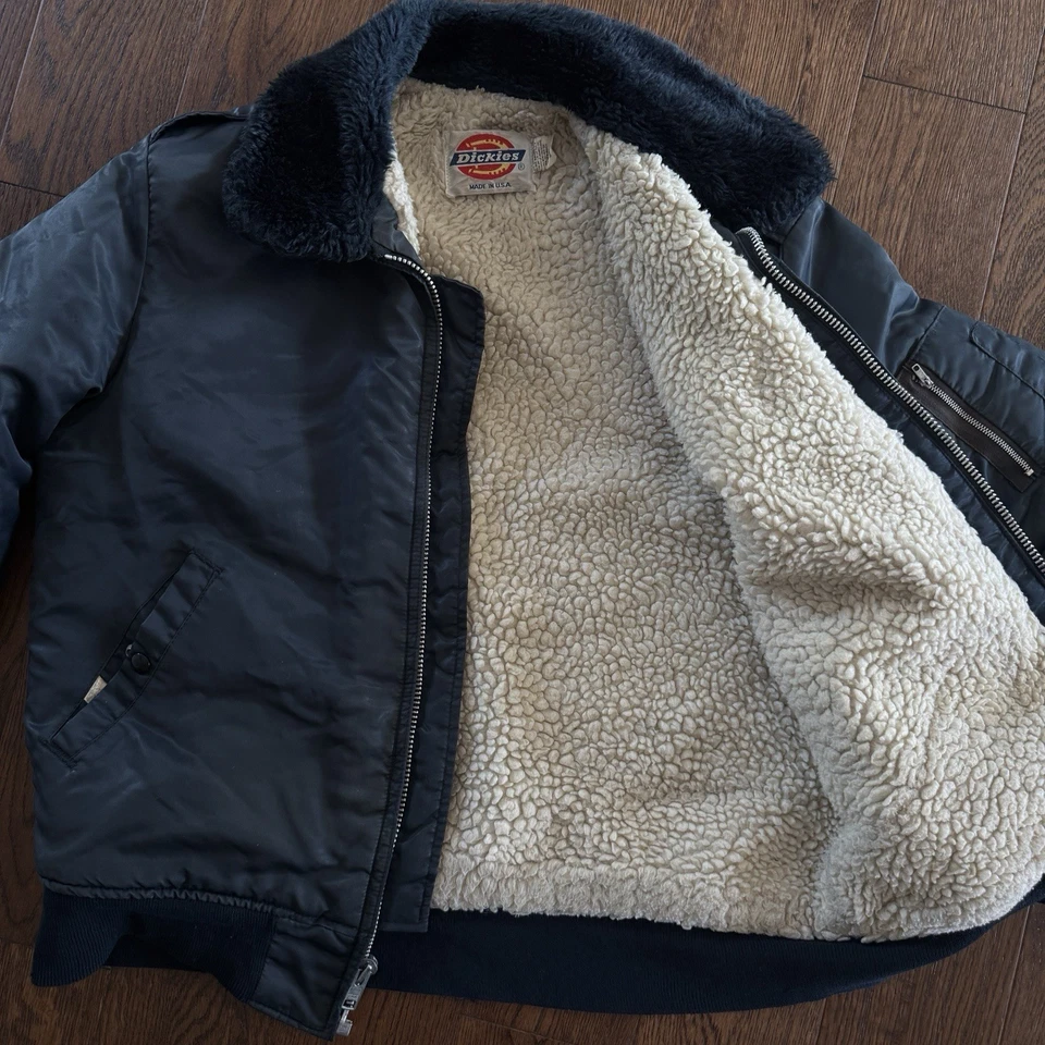 Vintage 80s Dickies Navy Blue Mens XL Fleece Lined Flight Jacket Damaged - Image 2 of 4