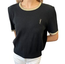 Yves Saint Laurent Vintage YSL Logo Knit T-shirt Top #M Black Gold Cotton