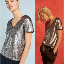 Anthropologie Vanessa Virginia Silver Sequin V-Neck Top Metallic Party NYE M