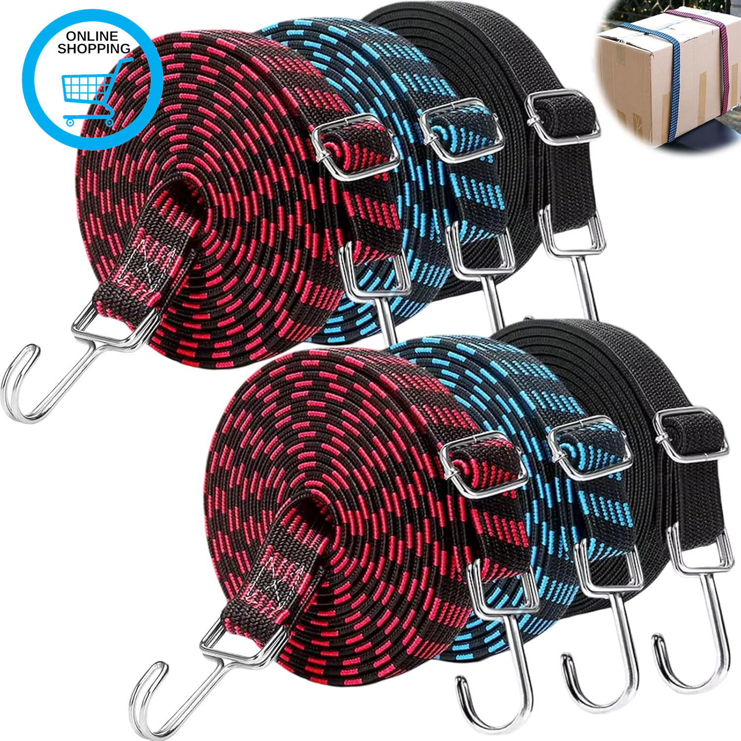 6 Pack Adjustable Flat Bungee Cords with Hooks, 2M Elastic Heavy Duty Straps Rop