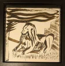 LION SCULPTURE DRAWING TRAFALGAR LONDON ORIGINAL INK ONPAPER NIGEL WATERS FRAMED