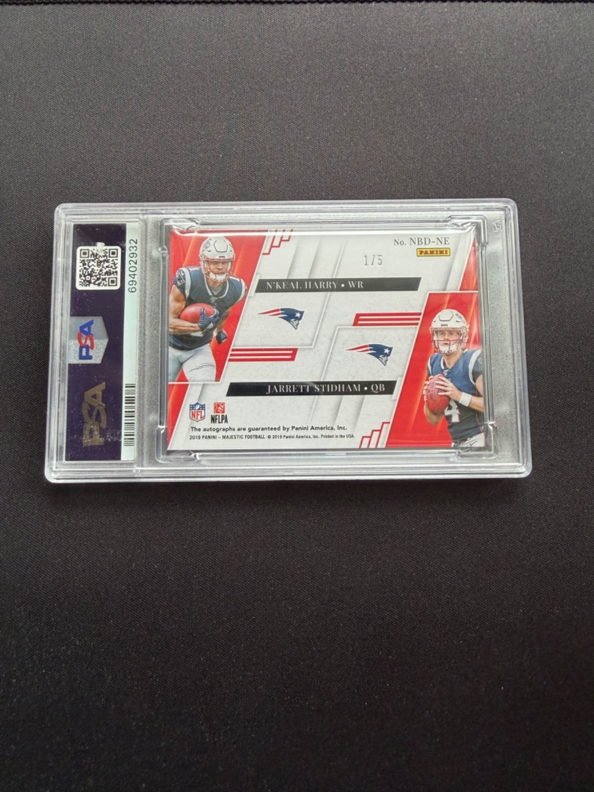 2019 Panini Majestic New Blood Dual Jarrett Stidham N'Keal Harry 1/5 Auto PSA 7 view 2