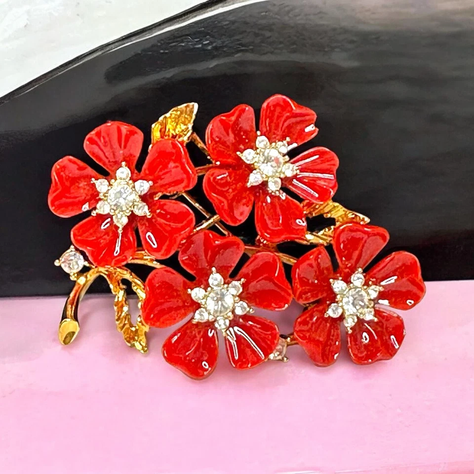 Broche Nolan Miller Rojo Lucite Naranja Flor con Estrás Flor Prendedor Grande