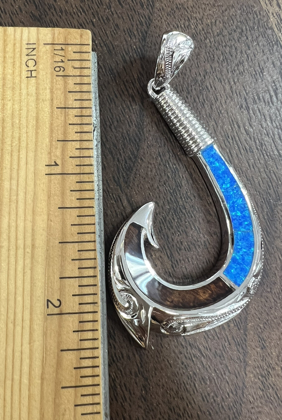 Sterling Silver Opal Koa Wood Fish Hook Hawaii XL Pendant eBay