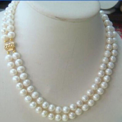 2-Row Natural Freshwater Pearl Necklace - 7-8mm White Baroque Pearls - 17-18 Inch Gold Plated