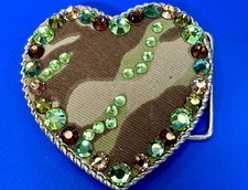 Camouflage Heart Shaped with Rhinestone Accents Vintage Cowgirl Belt Buckle