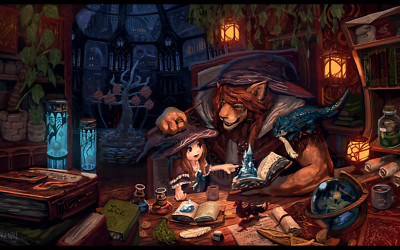 Anime witch magic fantasy art books anthro wizard Play Gaming Mat Desk