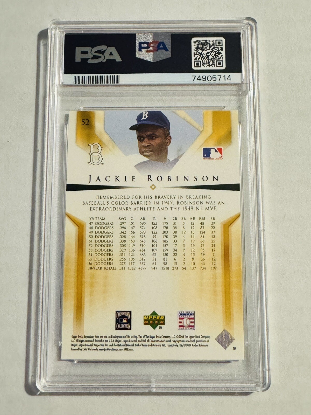 2004 SP Legendary Cuts #52 Jackie Robinson HOF Brooklyn Dodgers PSA 10 view 2