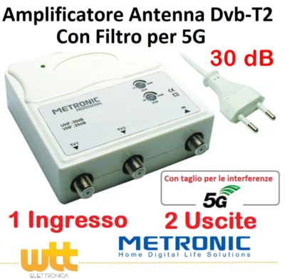 METRONIC AMPLIFICATORE ANTENNA TV DA INTERNO AUTOALIMENTATO PER DIGITALE TERRESTRE 2 USCI
