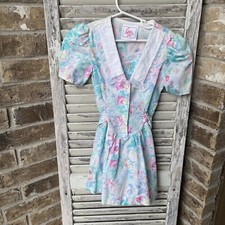 Vintage Eber Girl Floral Dress Lace V Neck Collar Sz 6 Made In USA