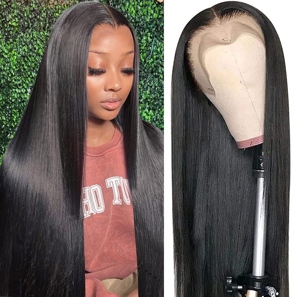 Long Straight Wig Natural Black Heat Resistant Synthetic Lace