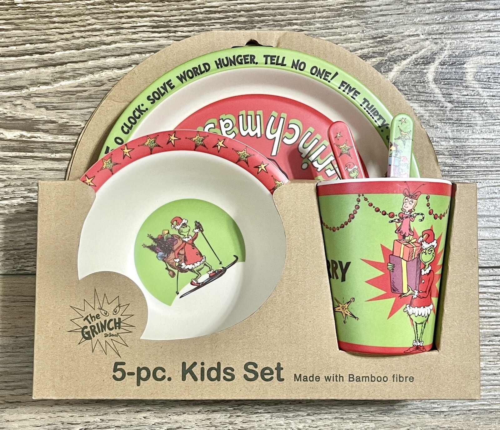 The Grinch Bamboo Kids Plate Set Grinch Dinnerware 5 Piece Christmas Set New eBay