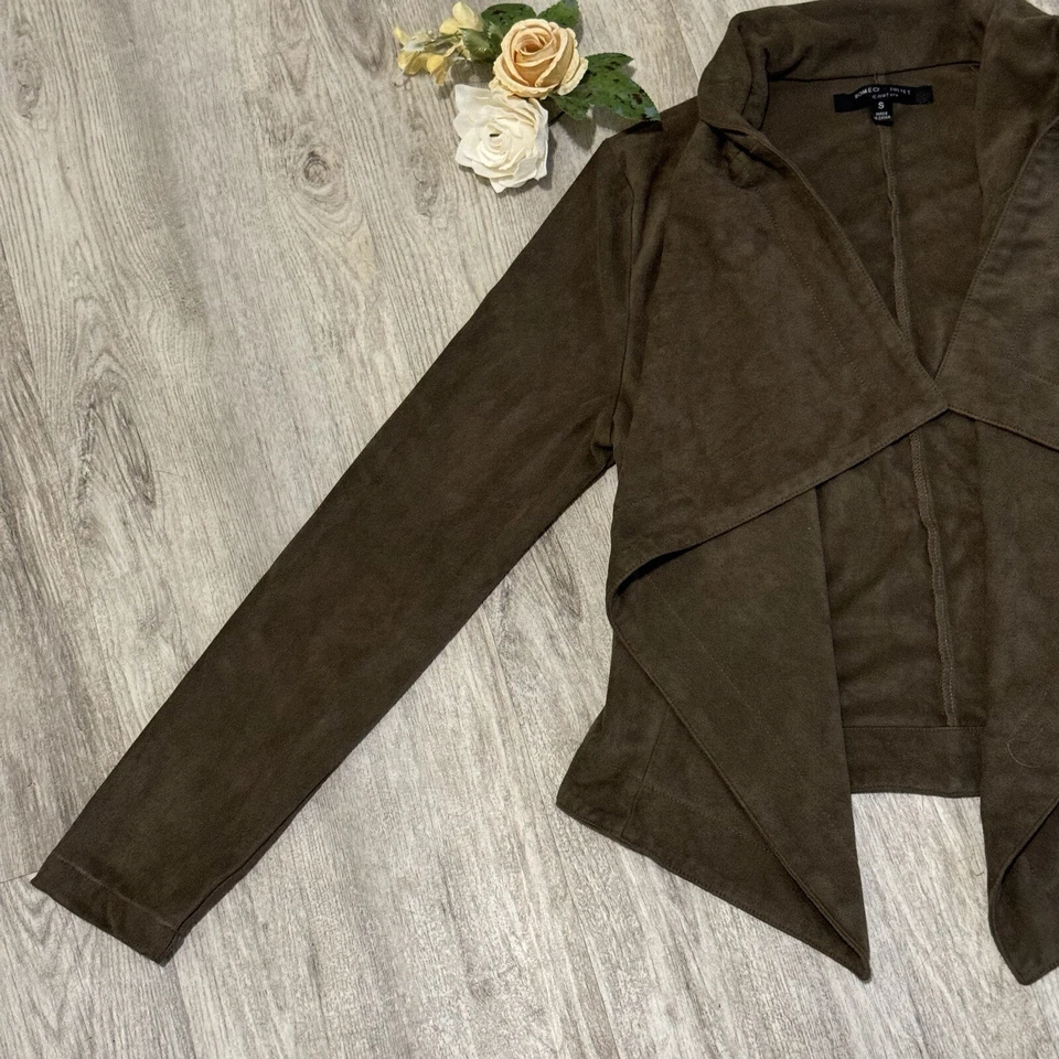 Romeo + Juliet Couture ~ Chaqueta Marrón Para Mujer Gamuza Frente Abierto ~ Talla Pequeña NUEVA Foto 4 de 4