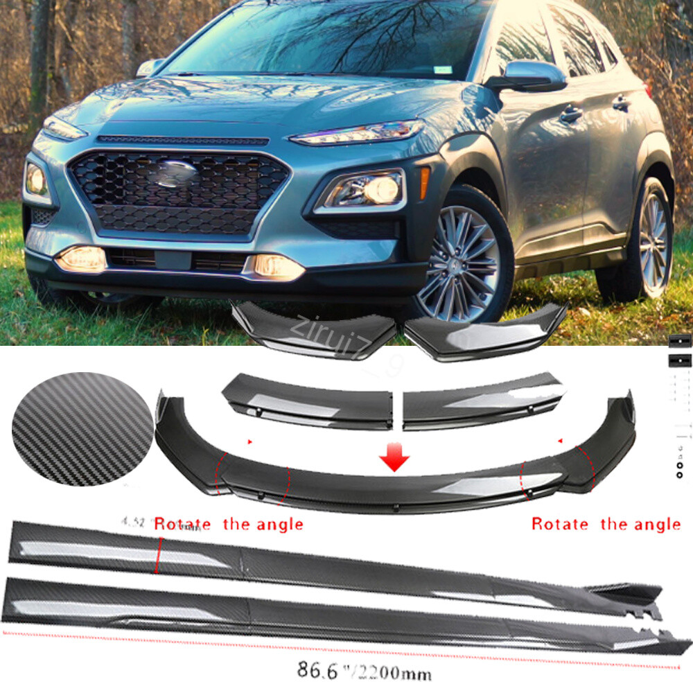 For Hyundai Kona Carbon Style Dual Layers Front Bumper Lip+86.6" Side Skirts