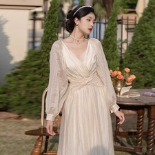 Women's French Hepburn Chiffon Dress V-Neck Lantern Sleeve High Waist Maxi Oatme