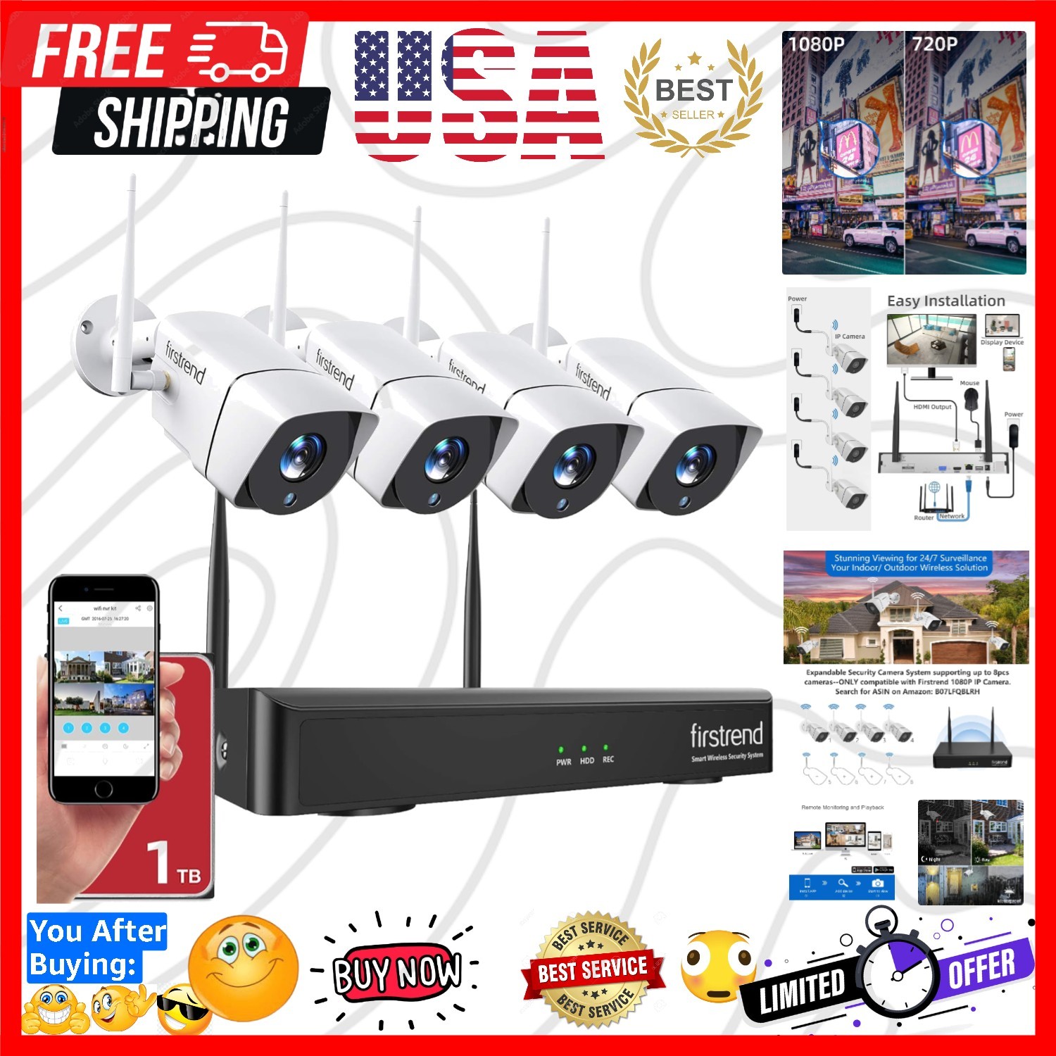 Security Camera System Wireless, 1080P 8CH Wireless Home Security Systems wit...